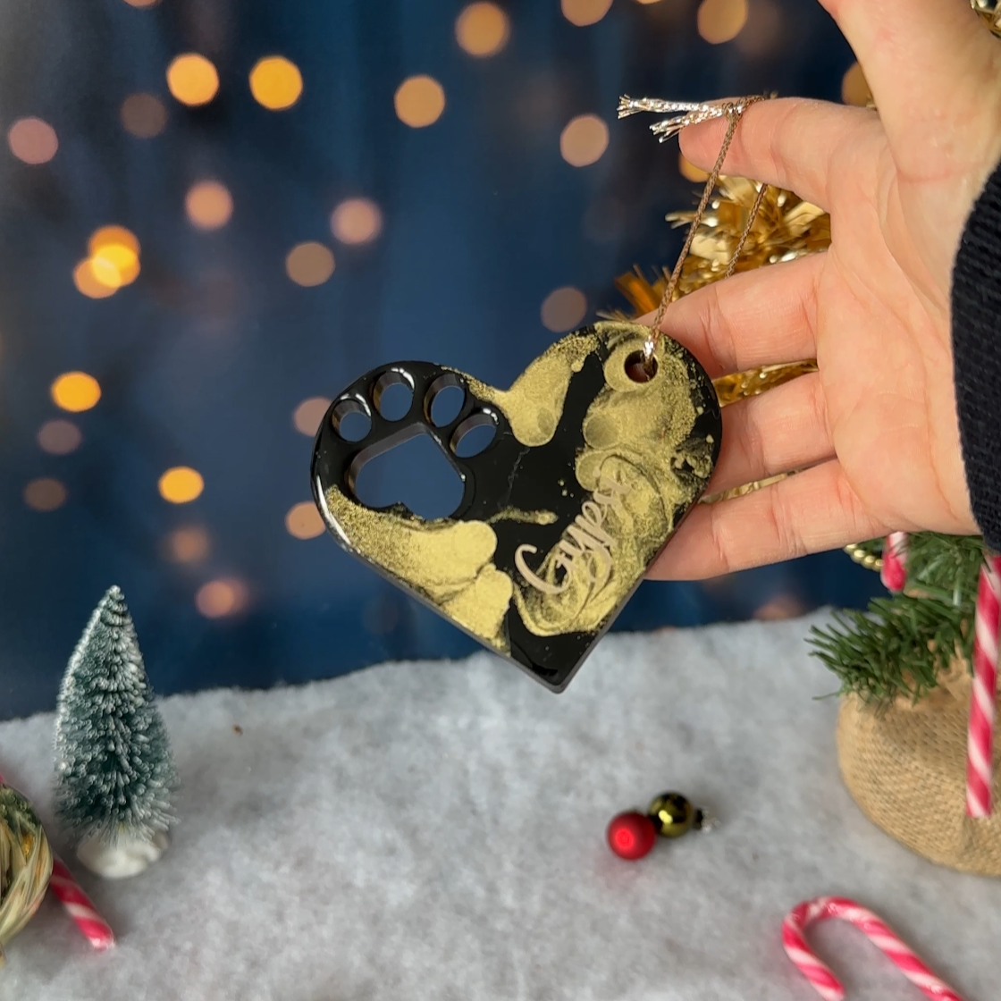 Boule de Noël Cœur & Patte Noire & Paillettes