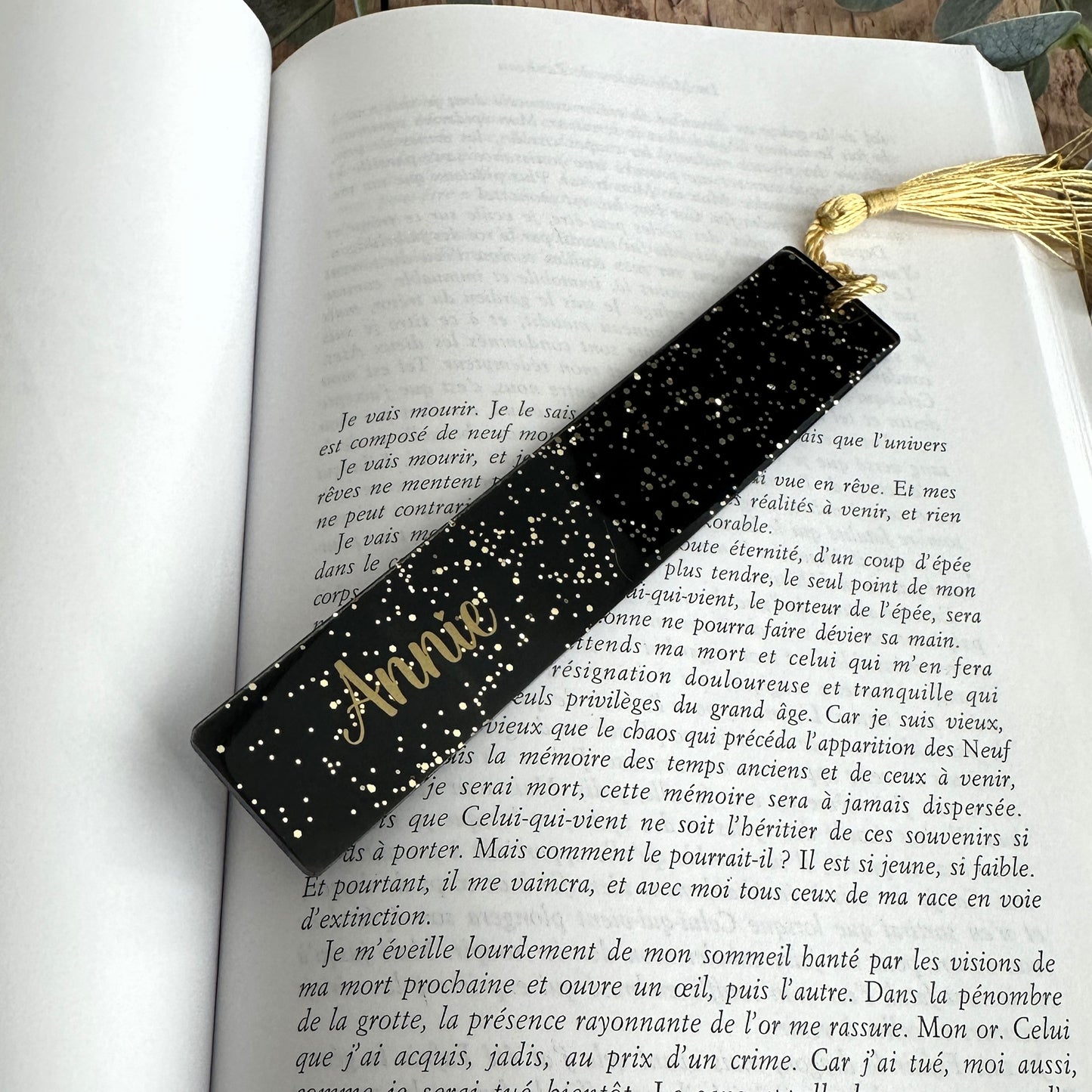 Combo Marque-page + Bague de Lecture Résine Noir & Paillettes dorées