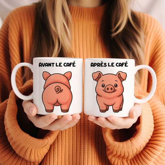 Tasse cochon drôle avant / après café