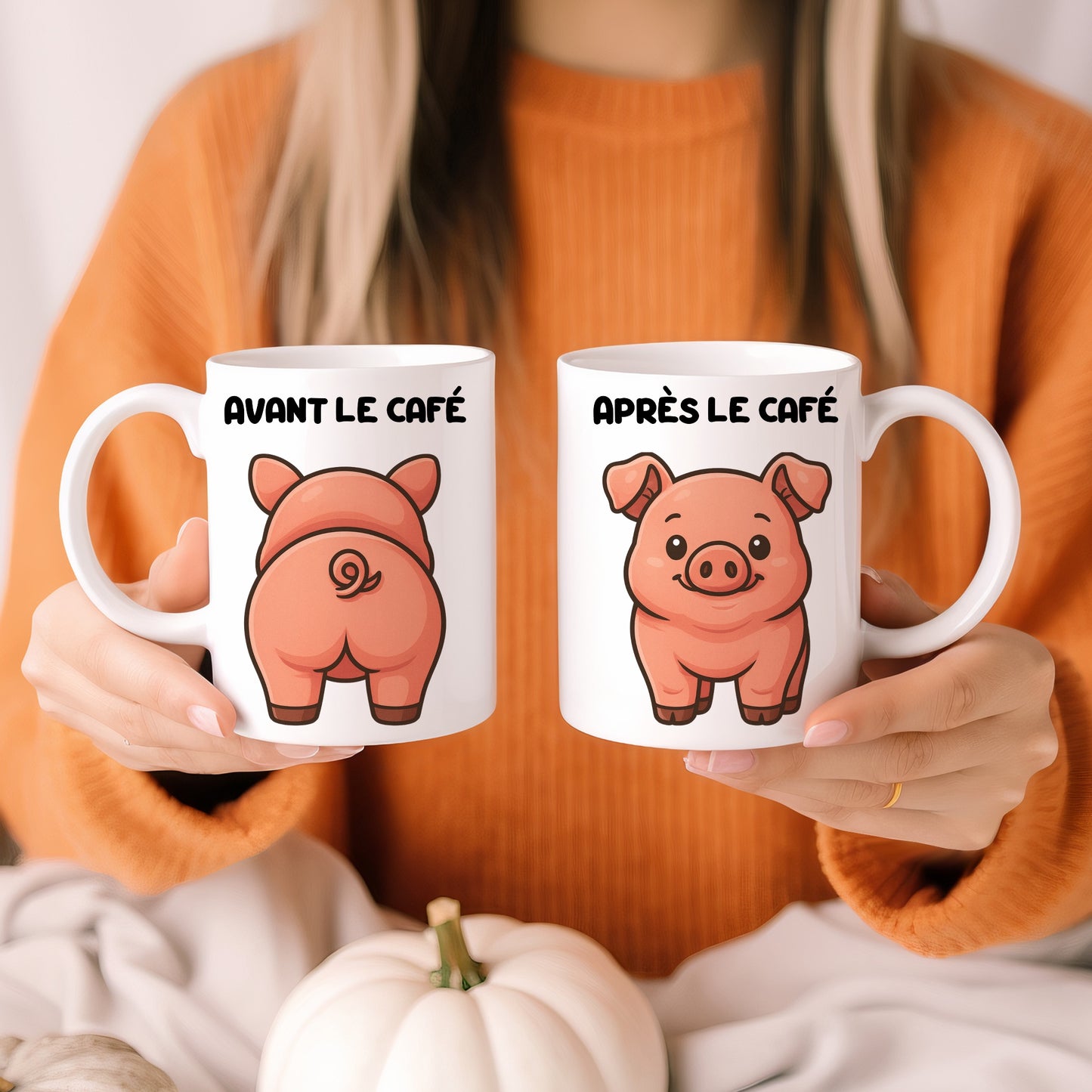 Tasse cochon drôle avant / après café