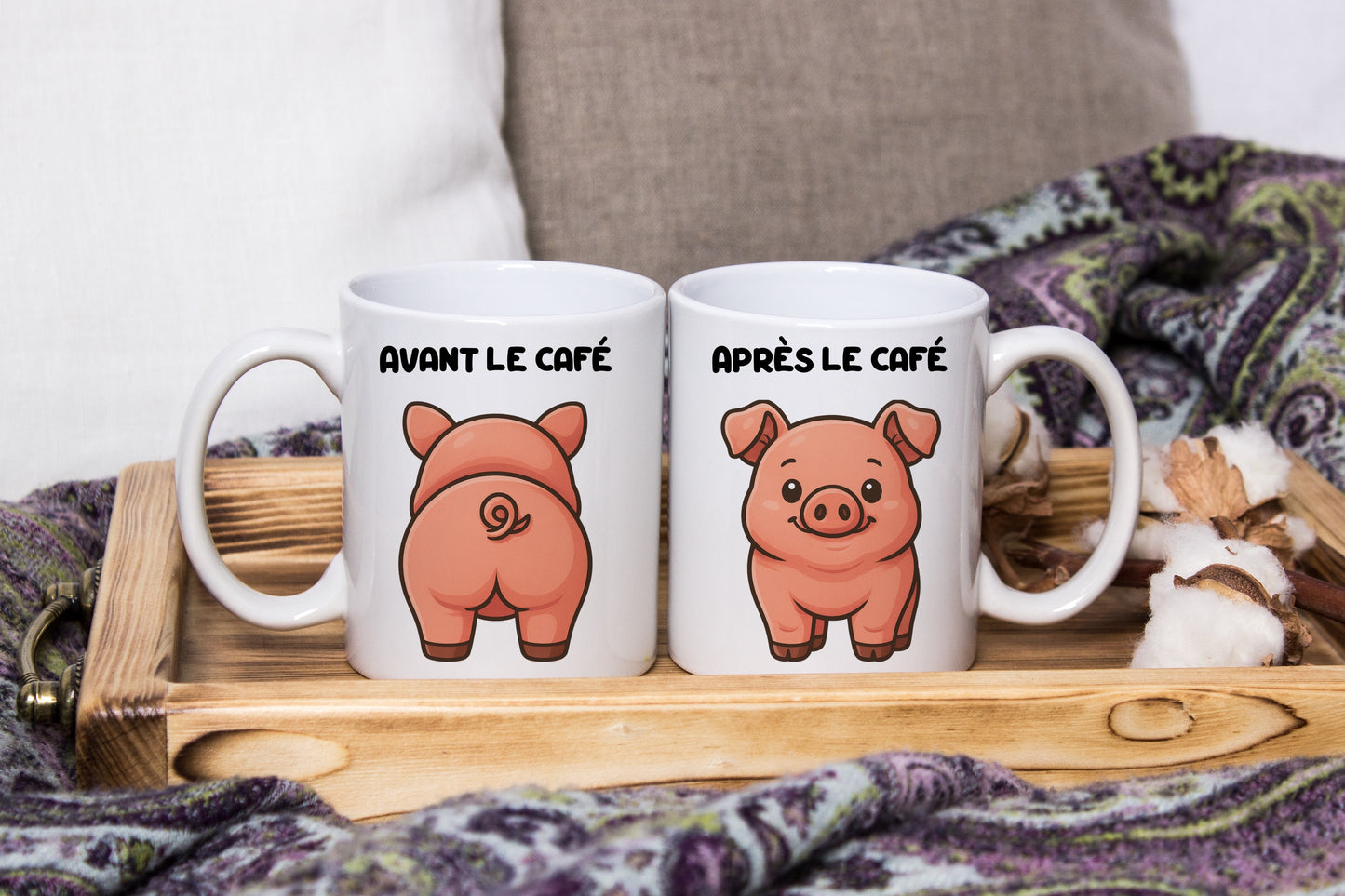 Tasse cochon drôle avant / après café
