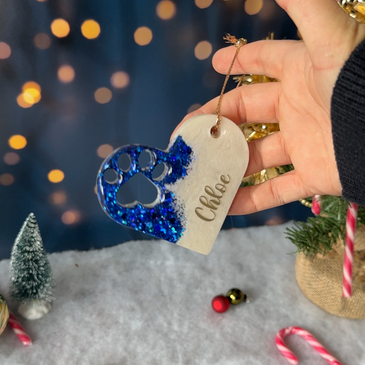 Boule de Noël Cœur & Patte Blanche & Paillettes