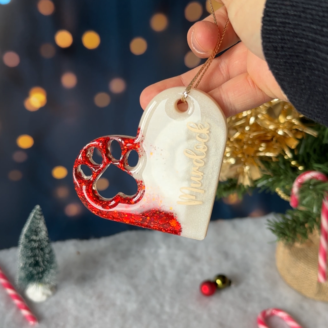 Boule de Noël Cœur & Patte Blanche & Paillettes