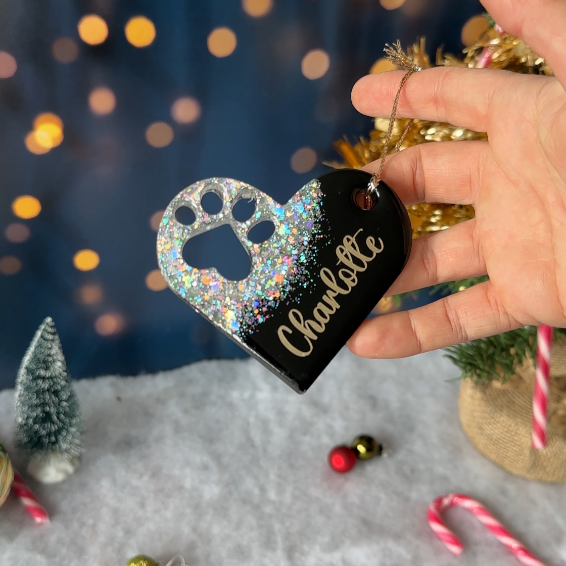 Boule de Noël Cœur & Patte Noire & Paillettes