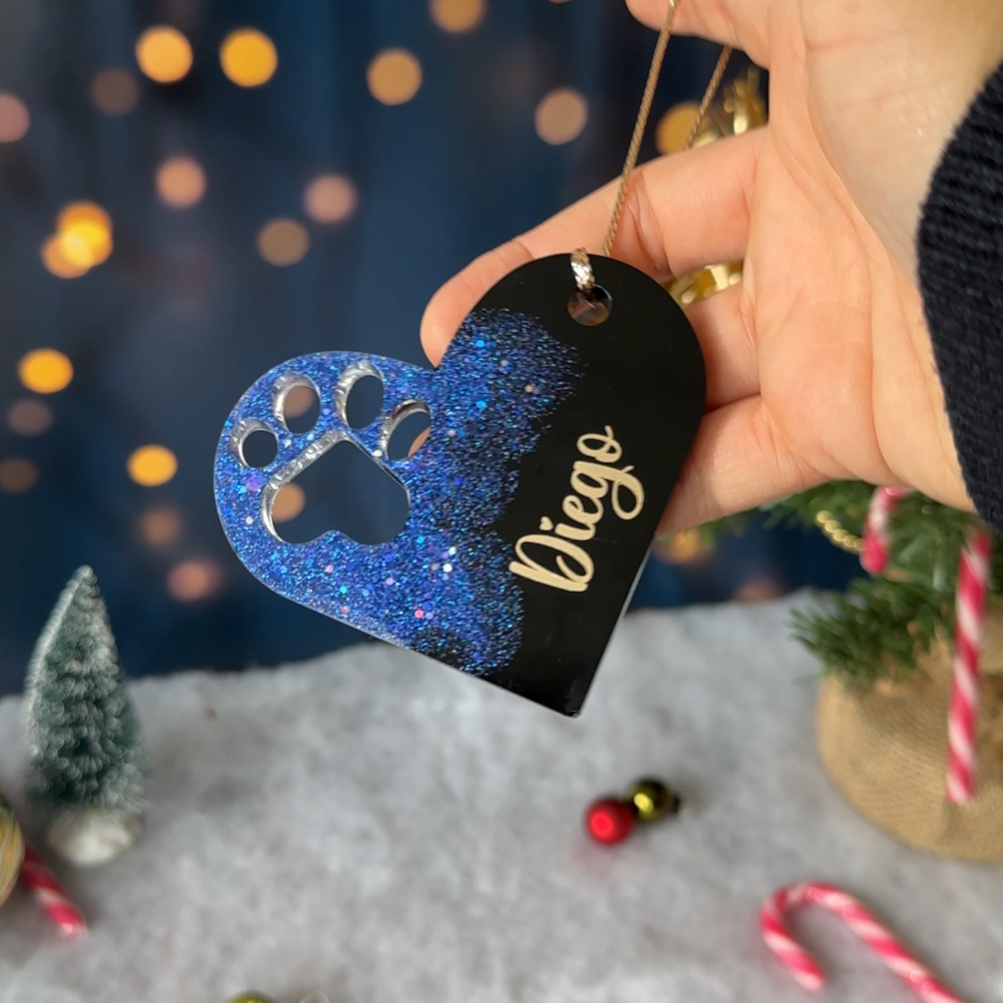 Boule de Noël Cœur & Patte Noire & Paillettes