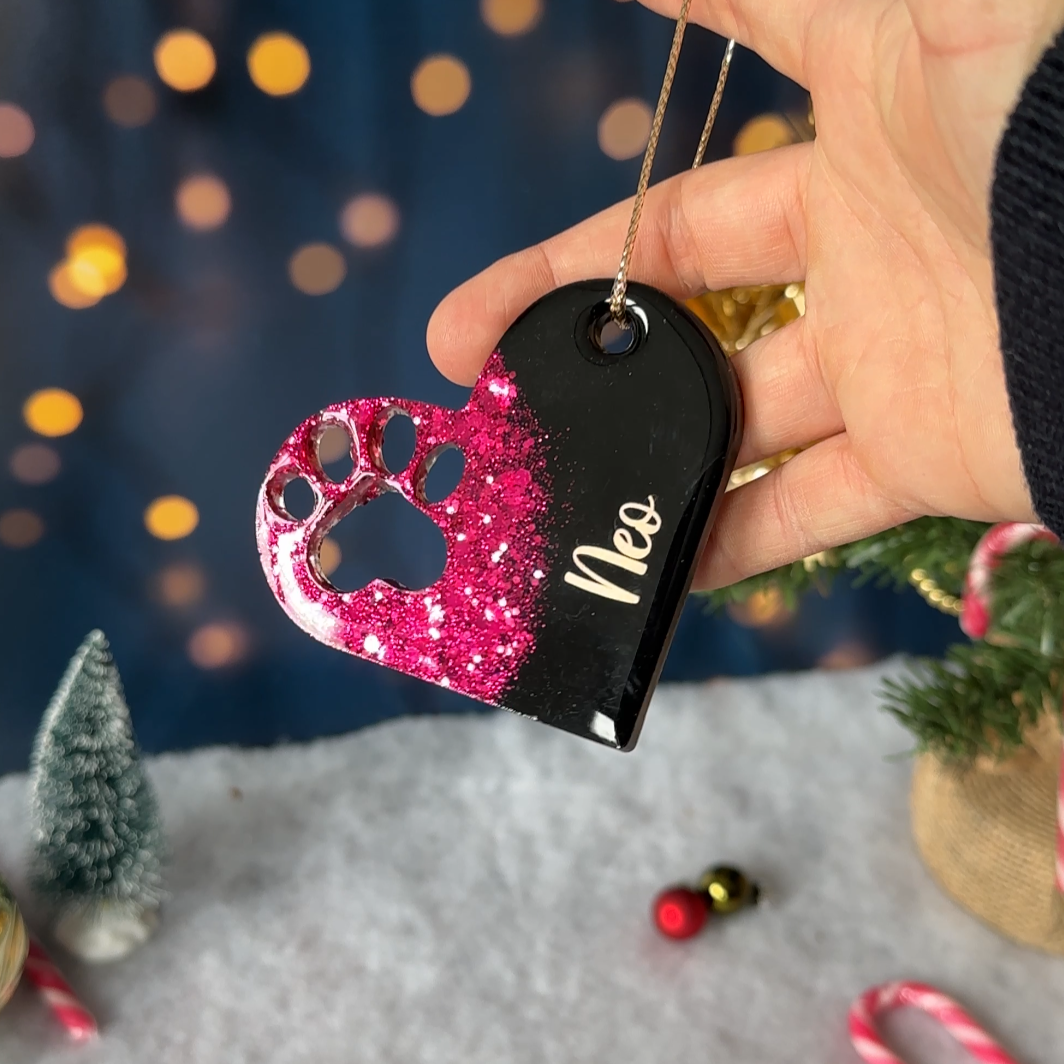 Boule de Noël Cœur & Patte Noire & Paillettes