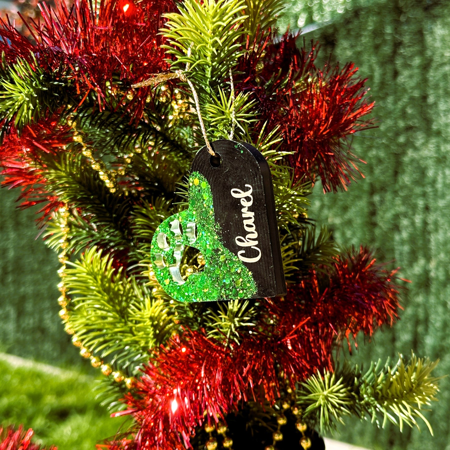 Boule de Noël Cœur & Patte Noire & Paillettes