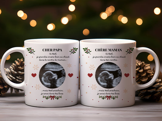 Mug Personnalisé Échographie Bébé Version Noël - Papy, Mamie, Papa, Maman, Tonton, Tata, Parrain, Marraine