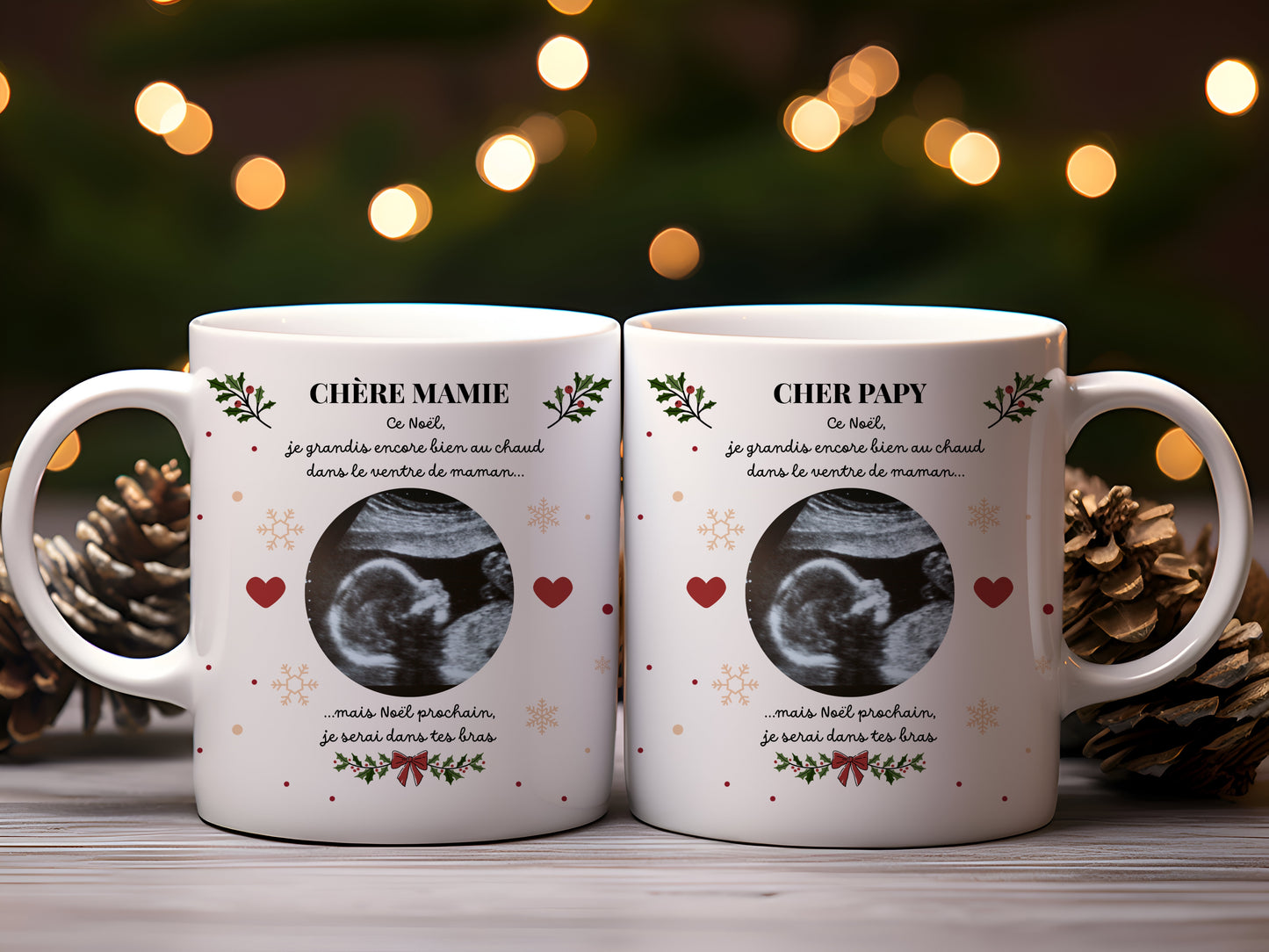 Mug Personnalisé Échographie Bébé Version Noël - Papy, Mamie, Papa, Maman, Tonton, Tata, Parrain, Marraine