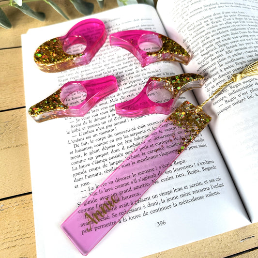 Marque-page et bague de lecture en résine époxy Rose et paillettes dorées