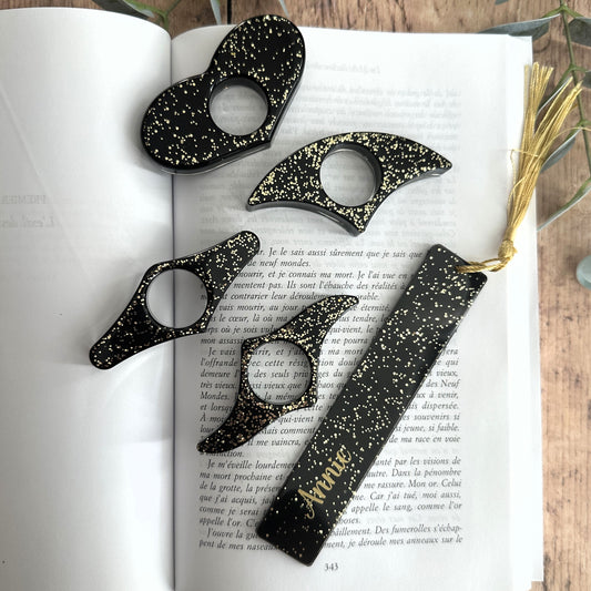 Combo Marque-page + Bague de Lecture Résine Noir & Paillettes dorées