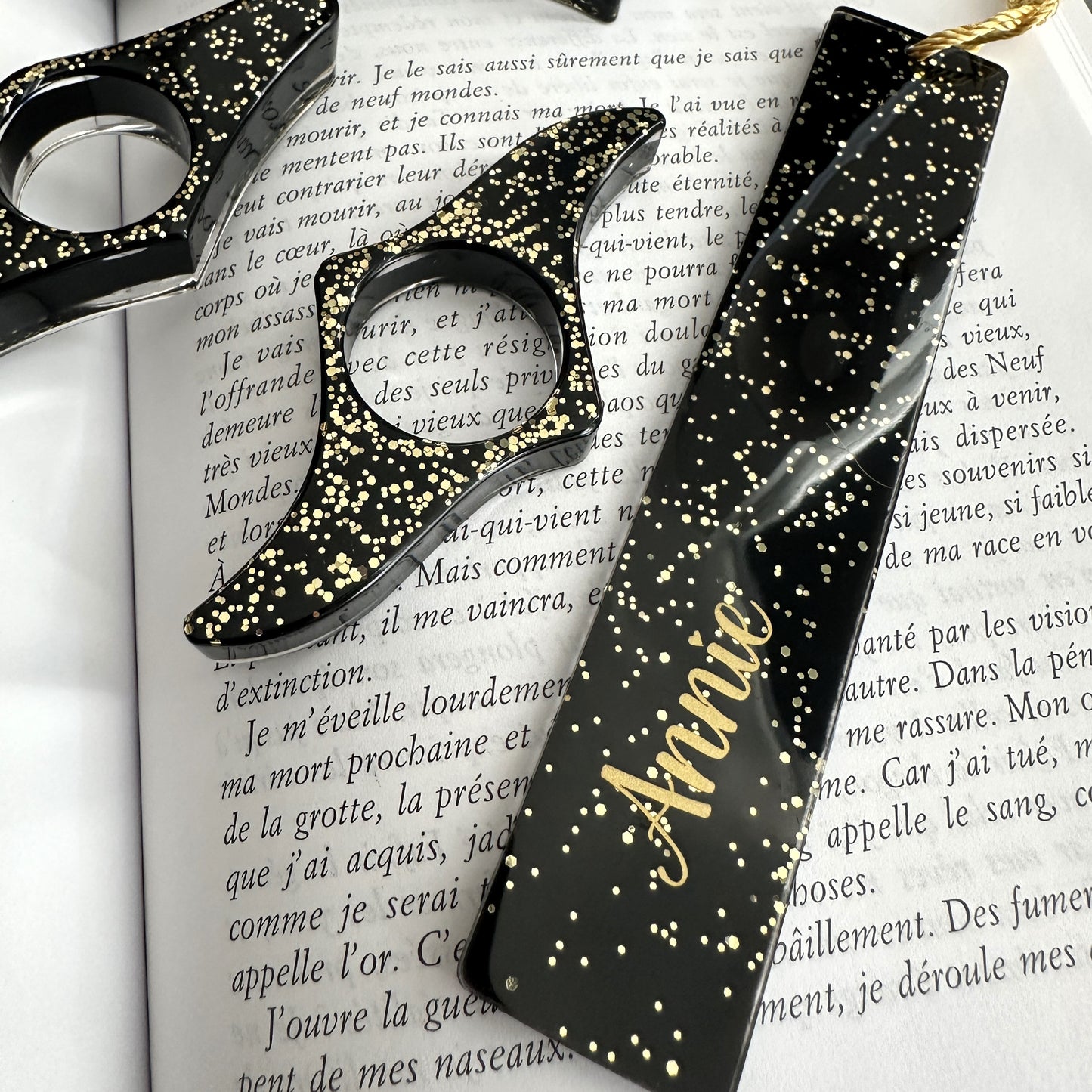 Combo Marque-page + Bague de Lecture Résine Noir & Paillettes dorées