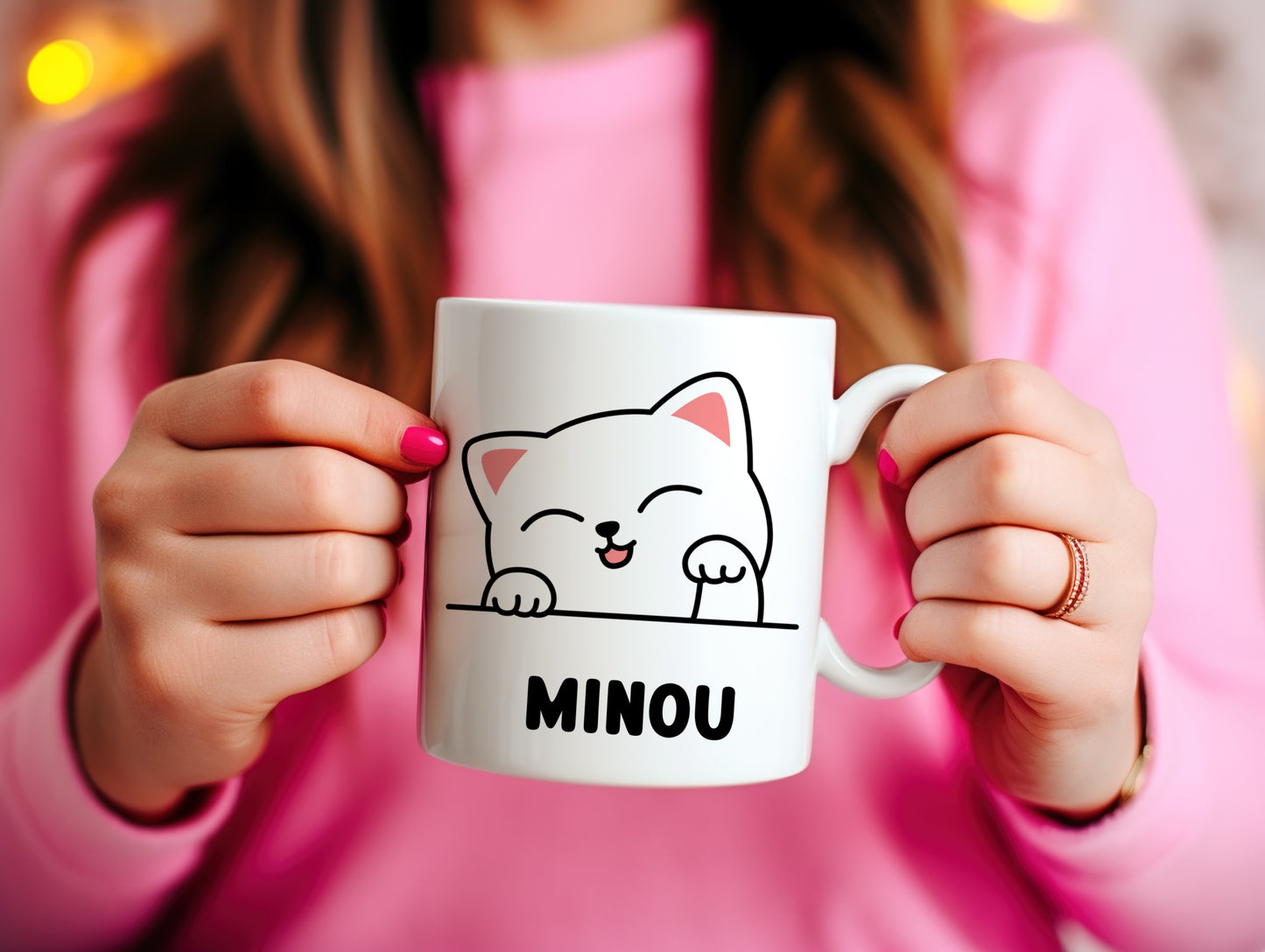 Tasse personnalisée avec prénom Chat Blanc