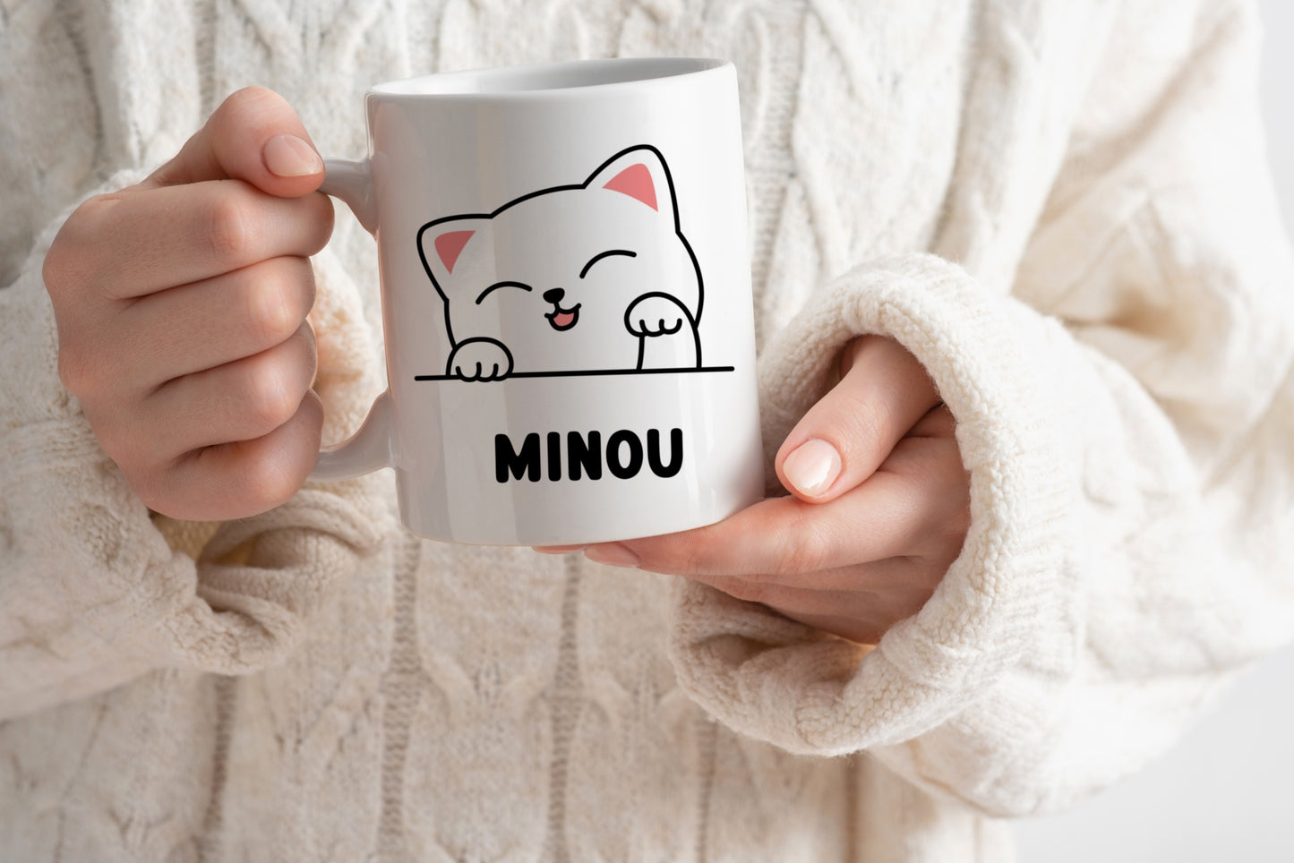 Tasse personnalisée avec prénom Chat Blanc