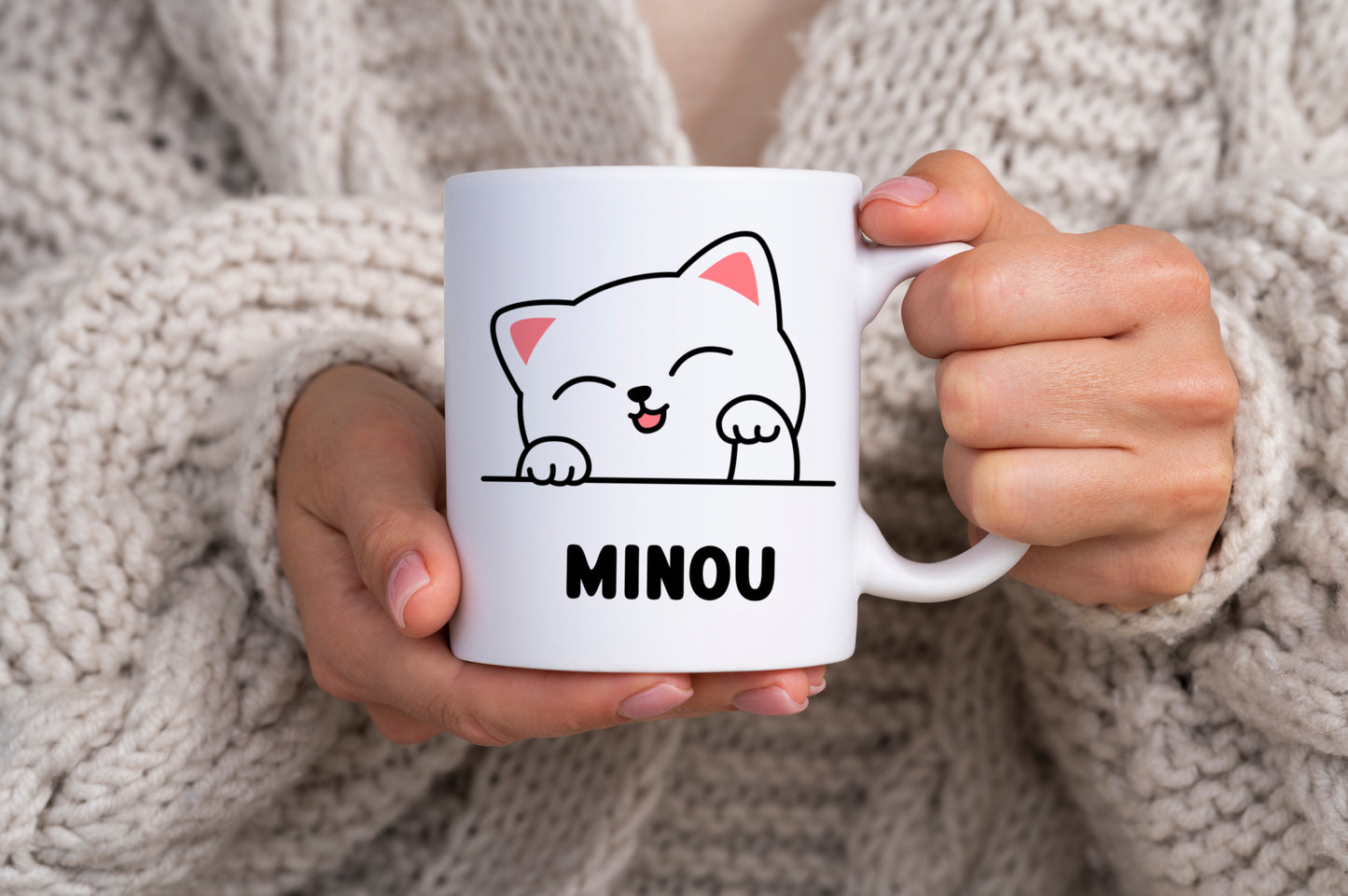 Tasse personnalisée avec prénom Chat Blanc