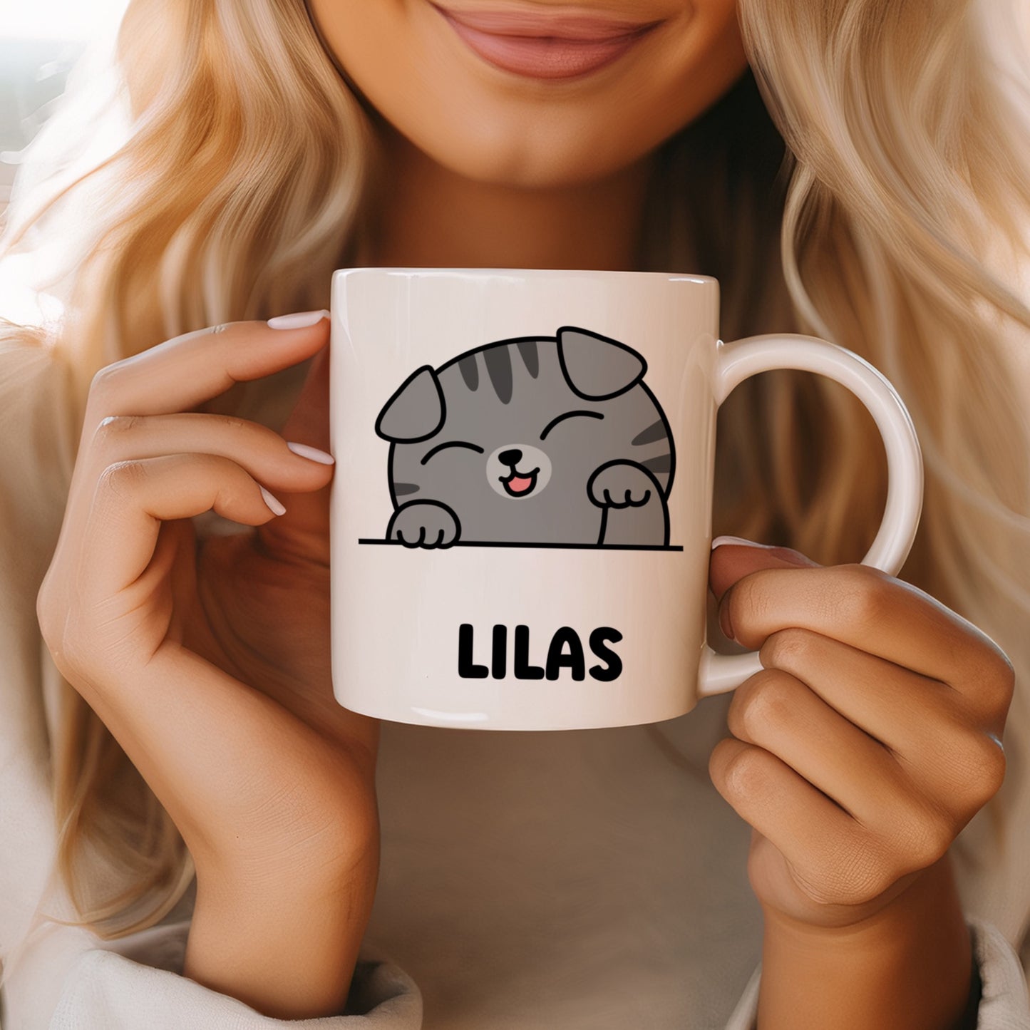 Tasse personnalisée avec prénom Chat Scottish fold gris