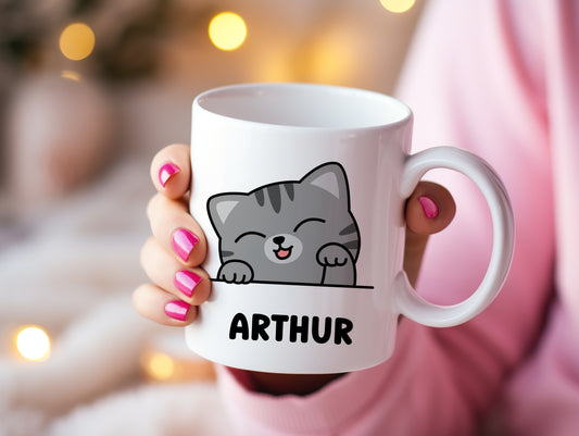 Tasse personnalisée avec prénom Chat gris