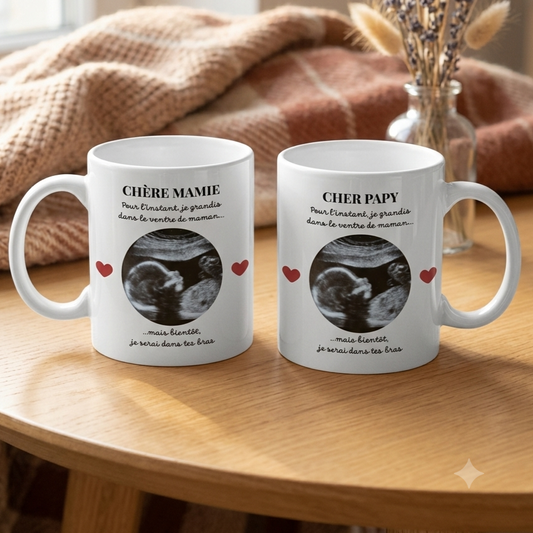 Mug Personnalisé Échographie Bébé - Papy, Mamie, Papa, Maman, Tonton, Tata, Parrain, Marraine