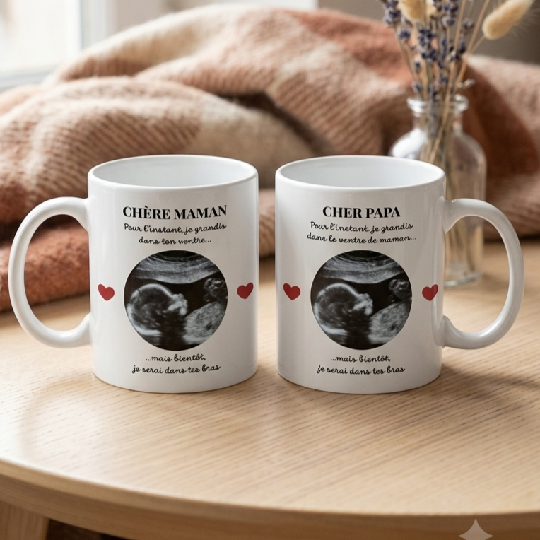 Mug Personnalisé Échographie Bébé - Papy, Mamie, Papa, Maman, Tonton, Tata, Parrain, Marraine