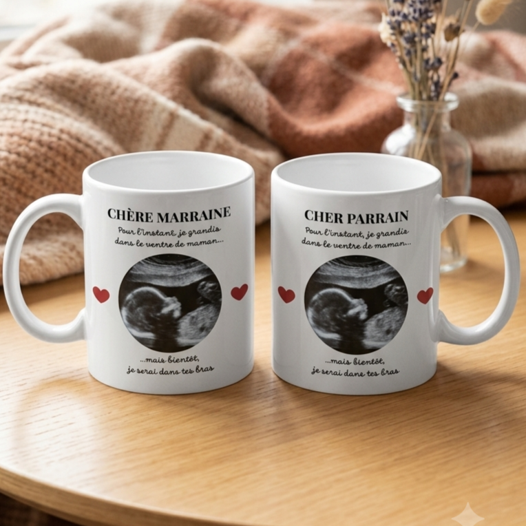 Mug Personnalisé Échographie Bébé - Papy, Mamie, Papa, Maman, Tonton, Tata, Parrain, Marraine