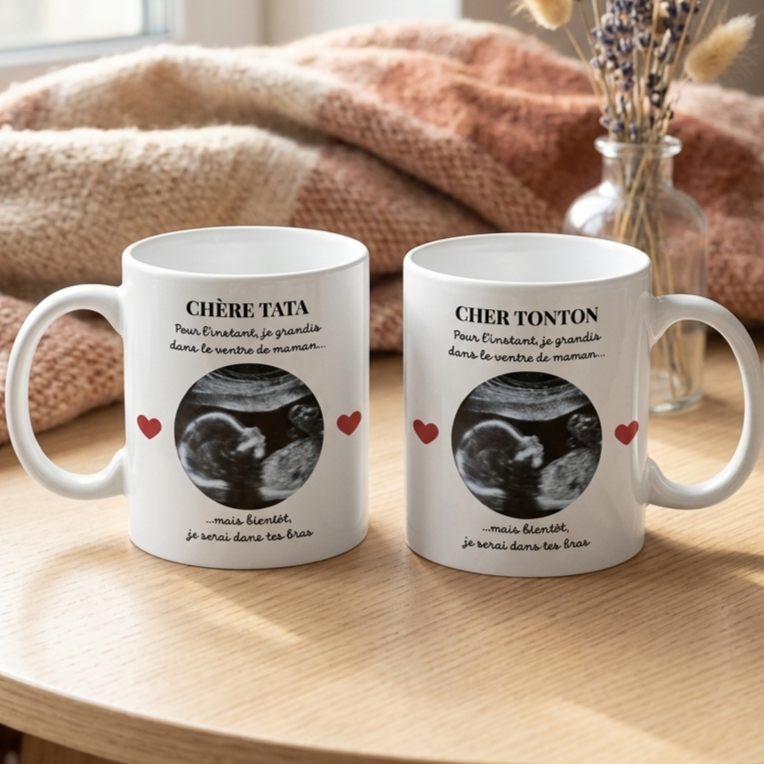 Mug Personnalisé Échographie Bébé - Papy, Mamie, Papa, Maman, Tonton, Tata, Parrain, Marraine