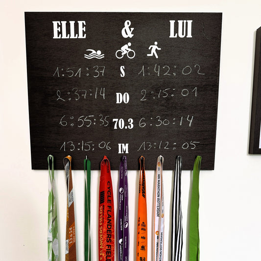 Porte-médailles triathlon Elle & Lui en bois pour couple - Chrono